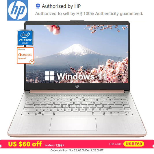 HP Newest 14" Business Laptop,Intel Celeron N4120,16GB RAM,384GB Storage(128GB eMMC+256GB Micro SD),1Year Office 365,Rose Gold