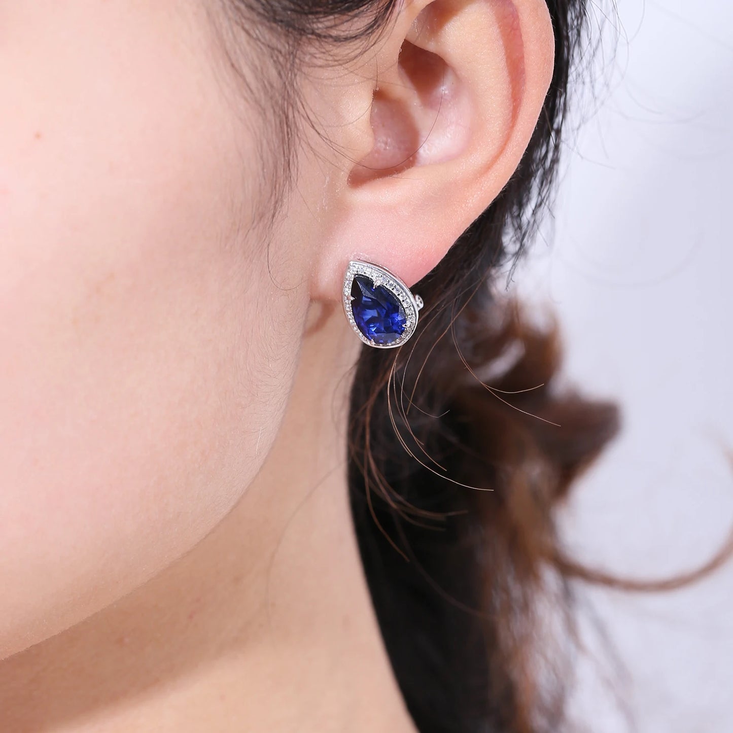 Tiger Element Earrings Pear Shape 8x12mm Lab Blue Sapphire Stud Earrings