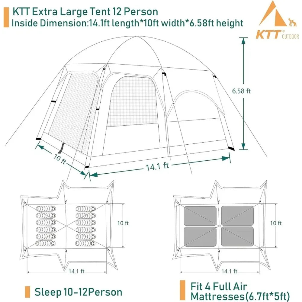Extra Large Tent 12 Person(Style-A),Family Cabin Tents,2 Rooms,Straight Wall,3 Doors and 3 Window with Mesh,Waterproof