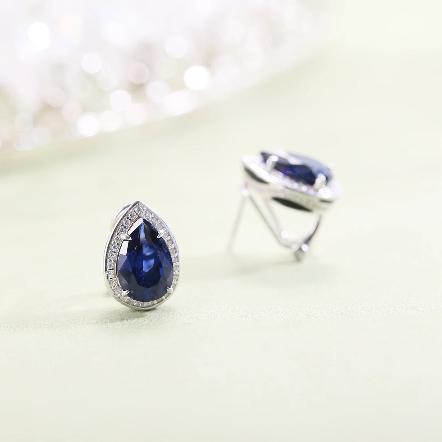 Tiger Element Earrings Pear Shape 8x12mm Lab Blue Sapphire Stud Earrings